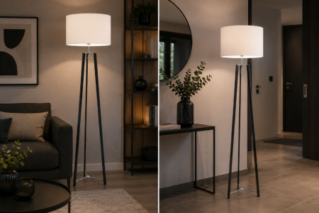 Helestra CERTO Stehleuchte Tripod E27 60W Ø45cm 168cm Mattschwarz Chrom Weiß mit Schalter